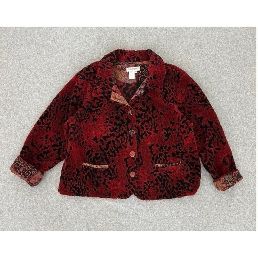 Coldwater Creek Tapestry Fleece Jacket Petite XL Red Black Animal Whimsy Boho